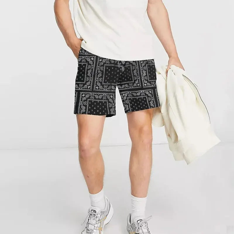 New Men's Casual Beach Shorts Breathable Quick Dry Vintage Personality Printed Bermuda Shorts Hip Hop High Street Streetwear